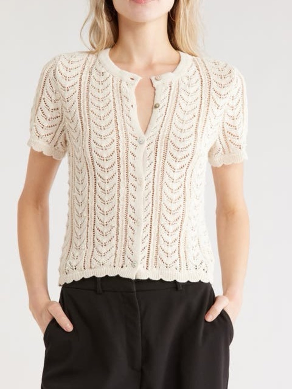 Primark Pointelle Lace Cotton Blend Short Sleeve Cardigan Sweater XL Cream